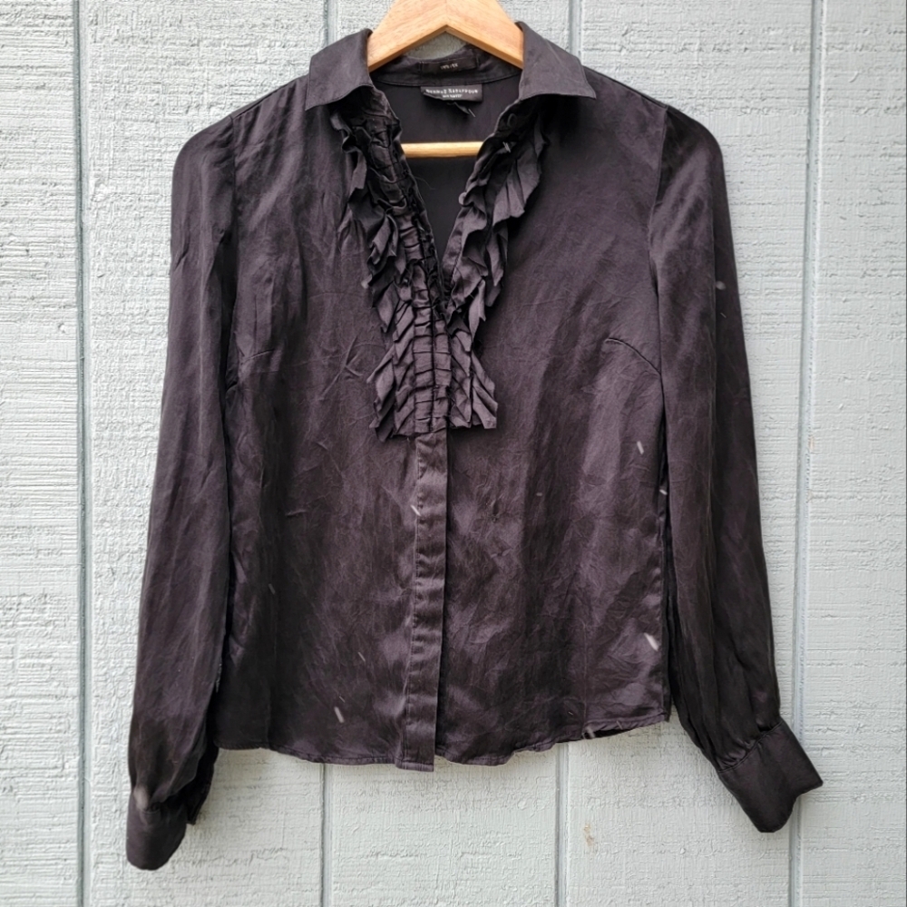 Behnaz Sarafpour for Target 100% Silk Satin Ruffle Button Down Blouse sz S Black